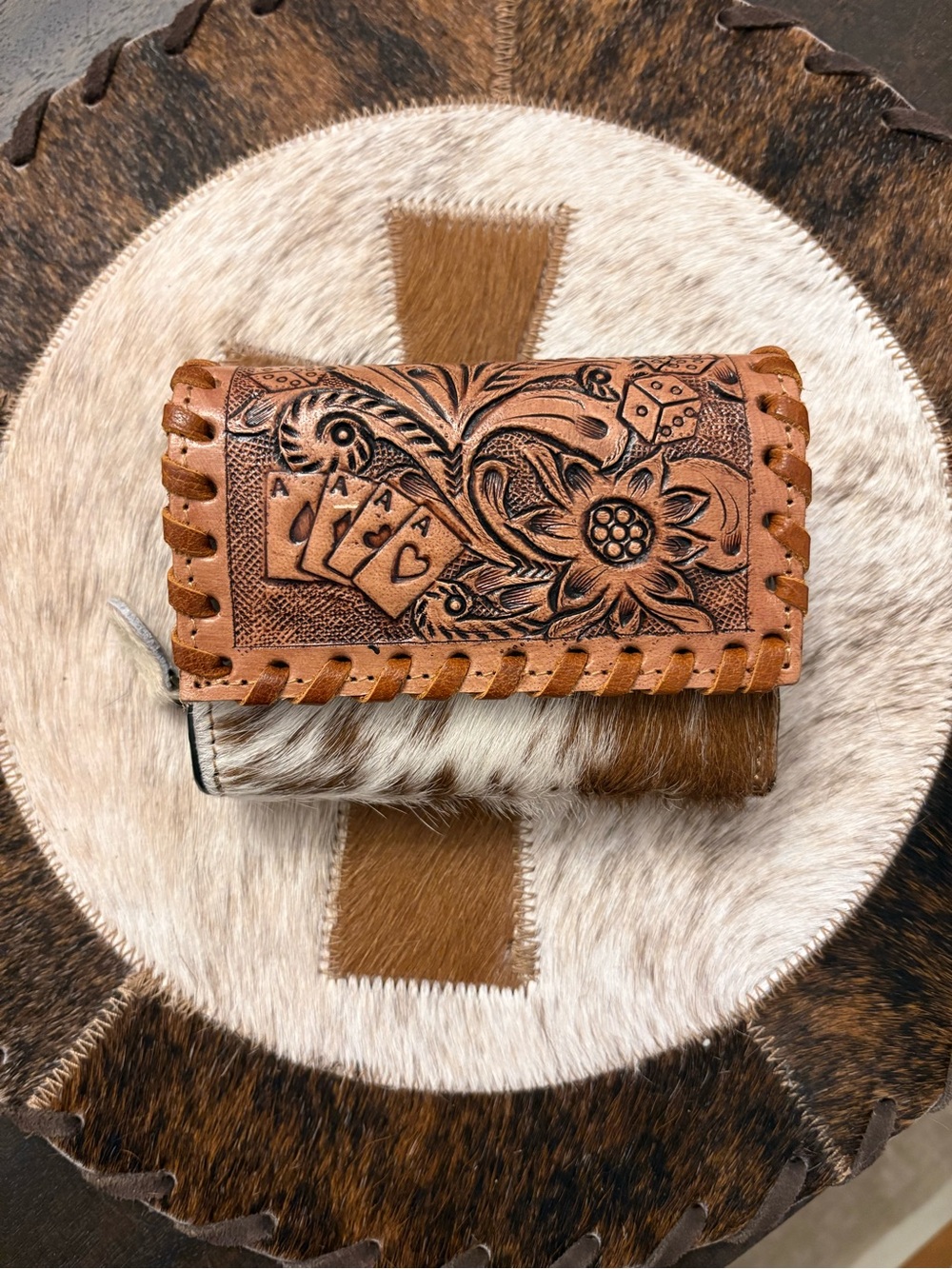 Hand-Tooled Brown Leather & Cowhide Trifold Wallet - Women’s Accessory